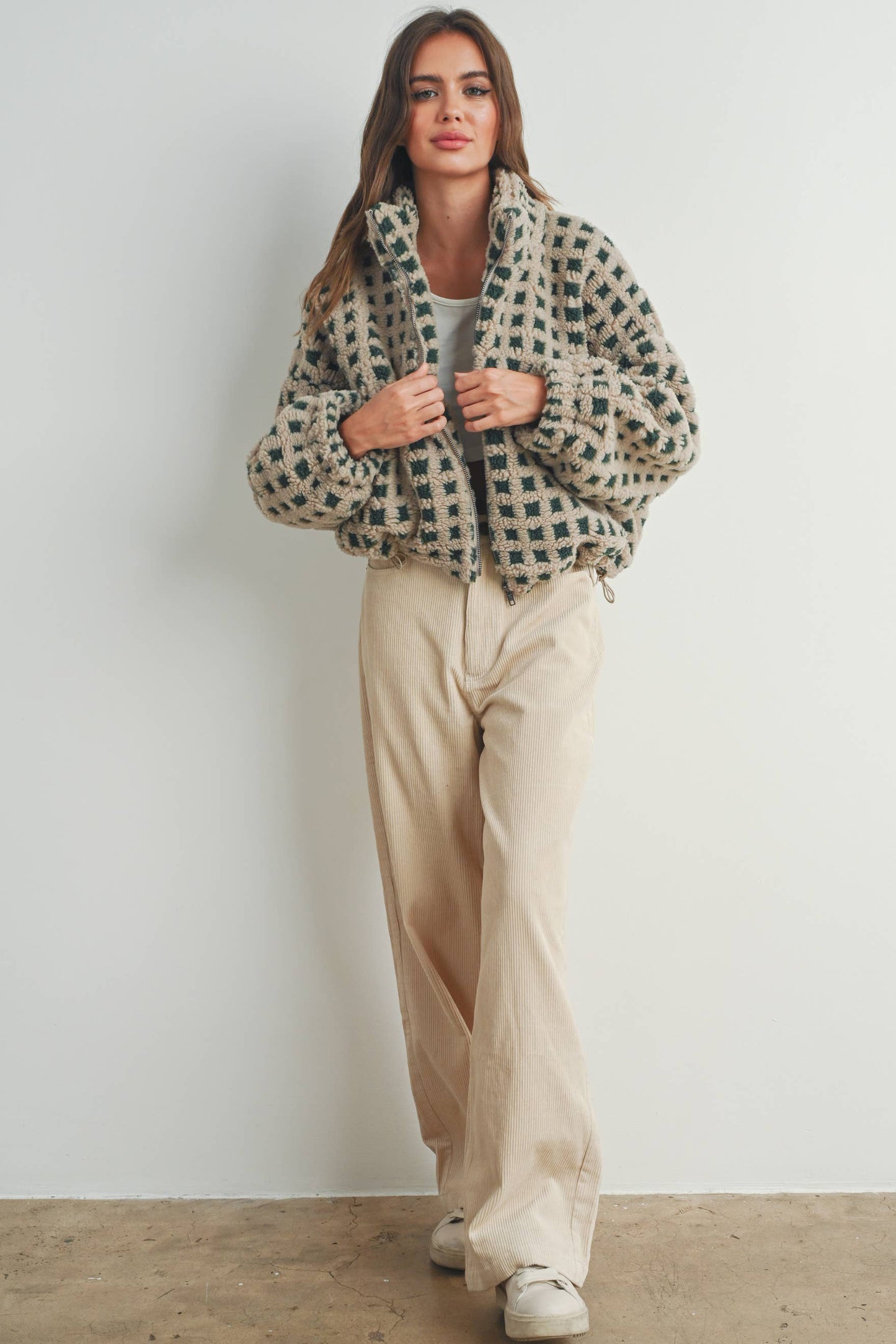 Fuzzy Sherpa Jacket - Tan and Green