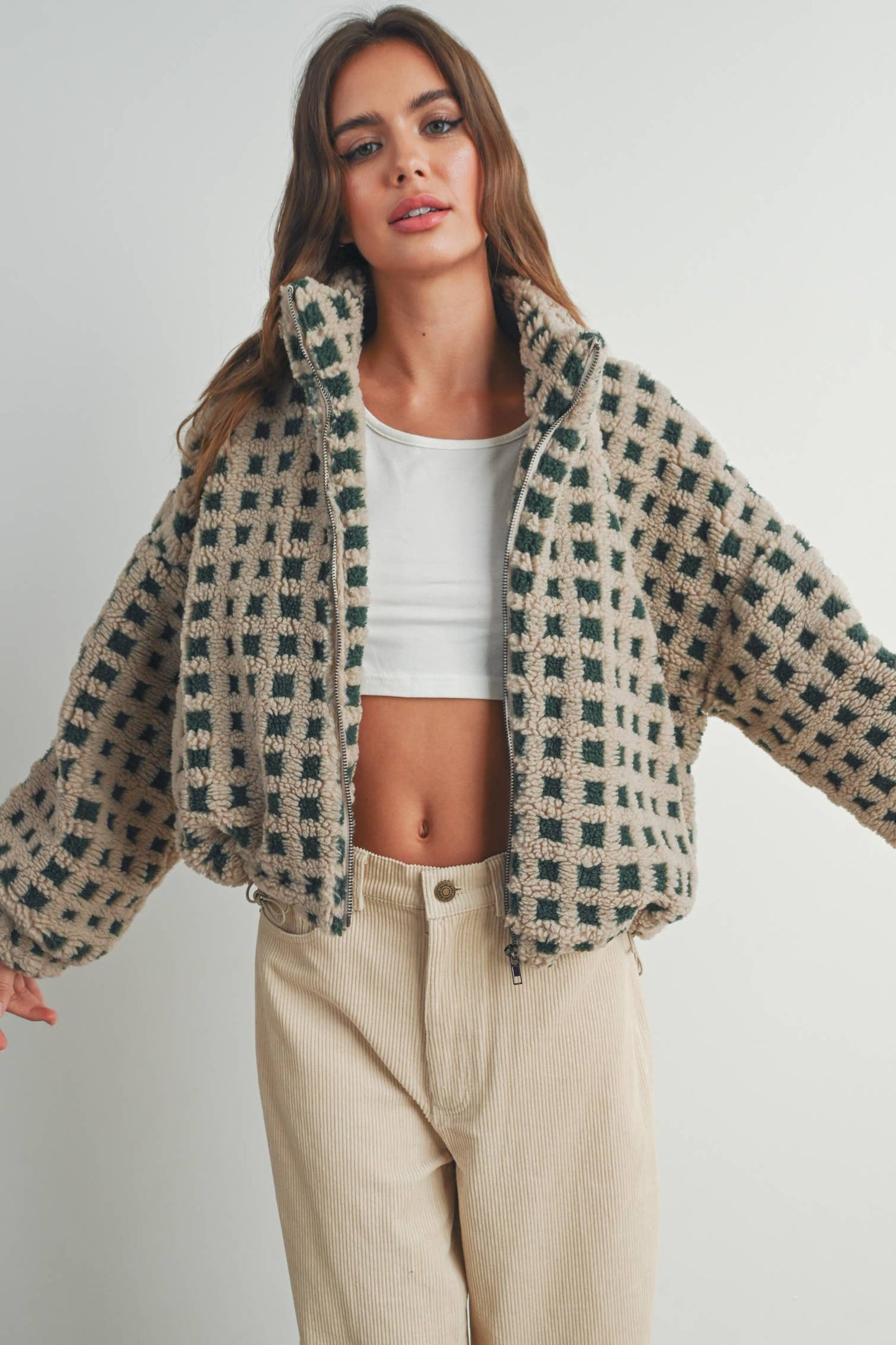 Fuzzy Sherpa Jacket - Tan and Green