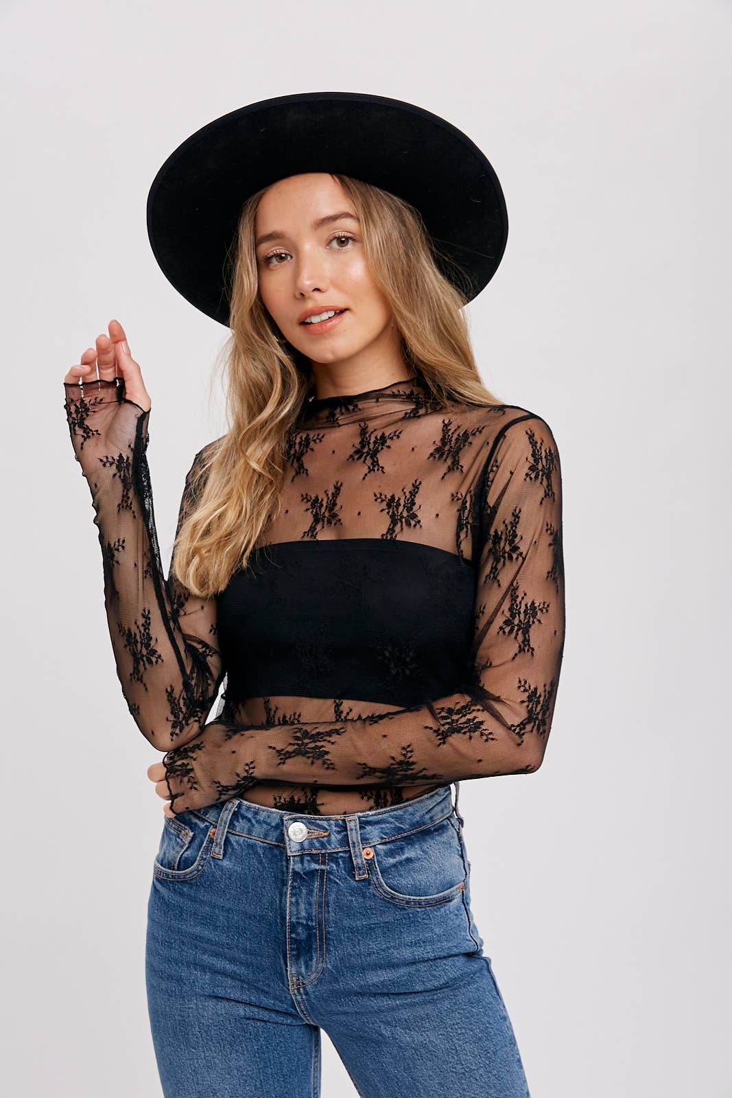 LACE MESH LAYERING TOP: BLACK