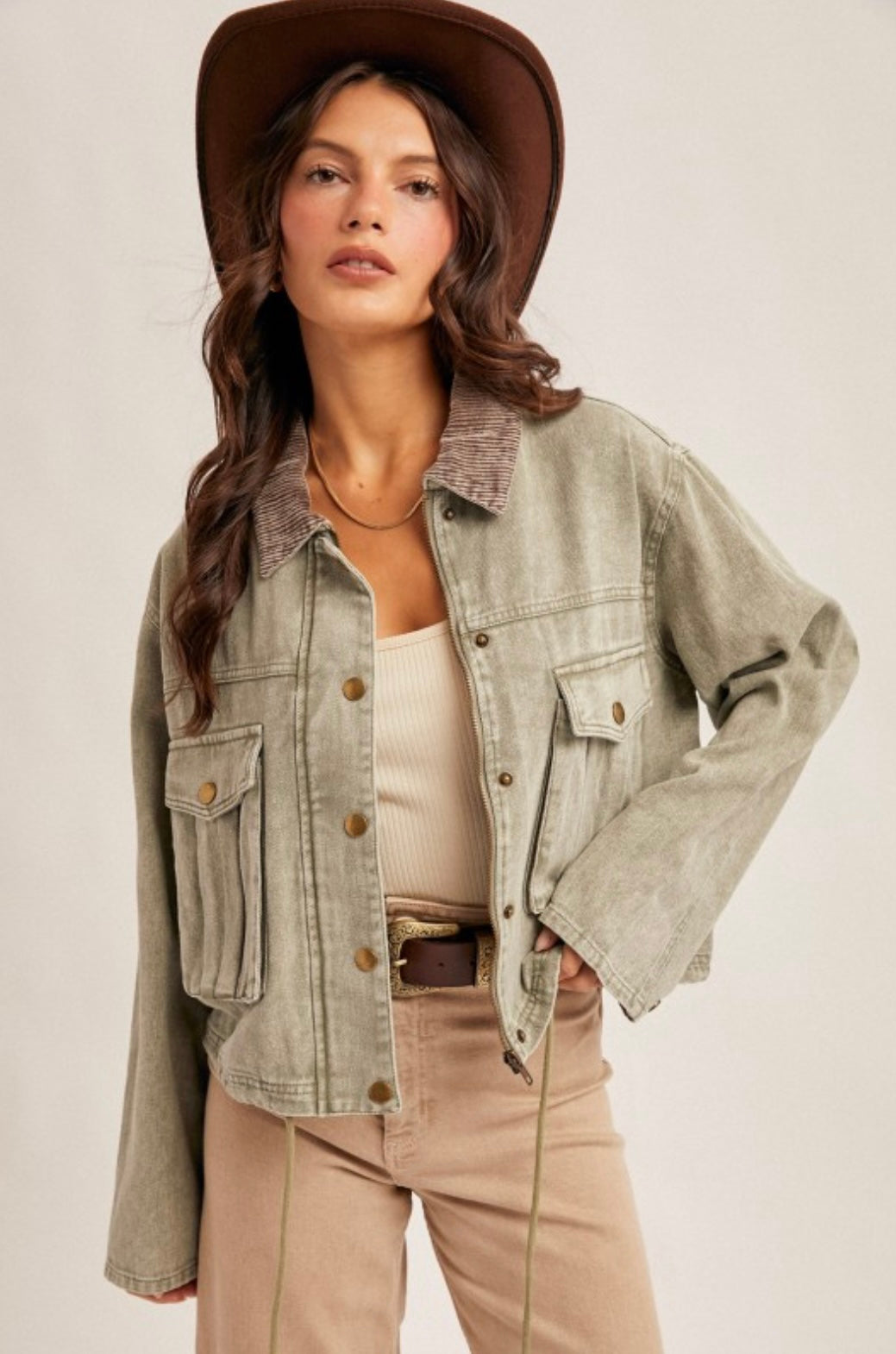 Corduroy Collar Contrast Crop Jacket