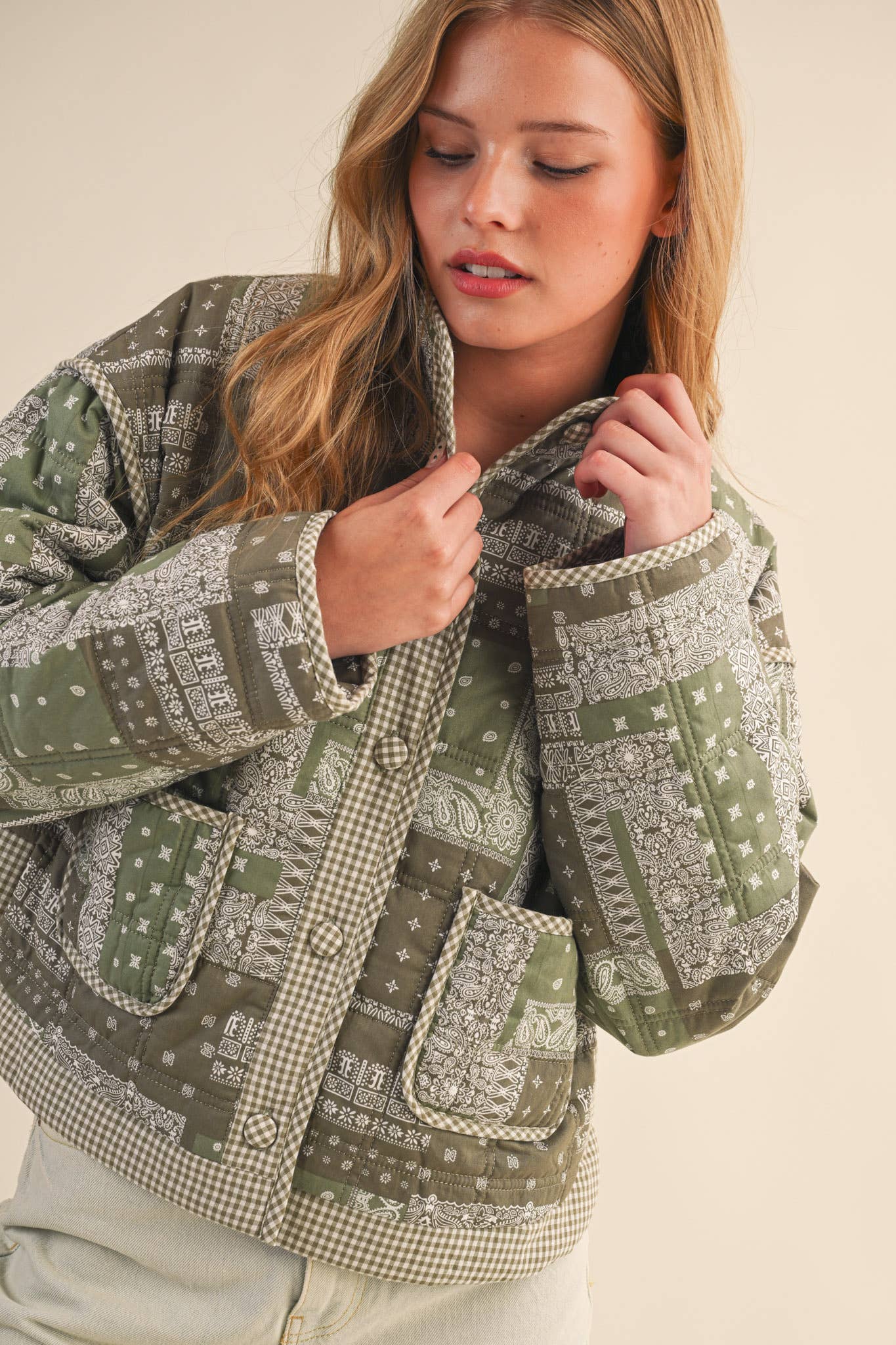 Gabby Patchwork Quilted Jacket: Olive