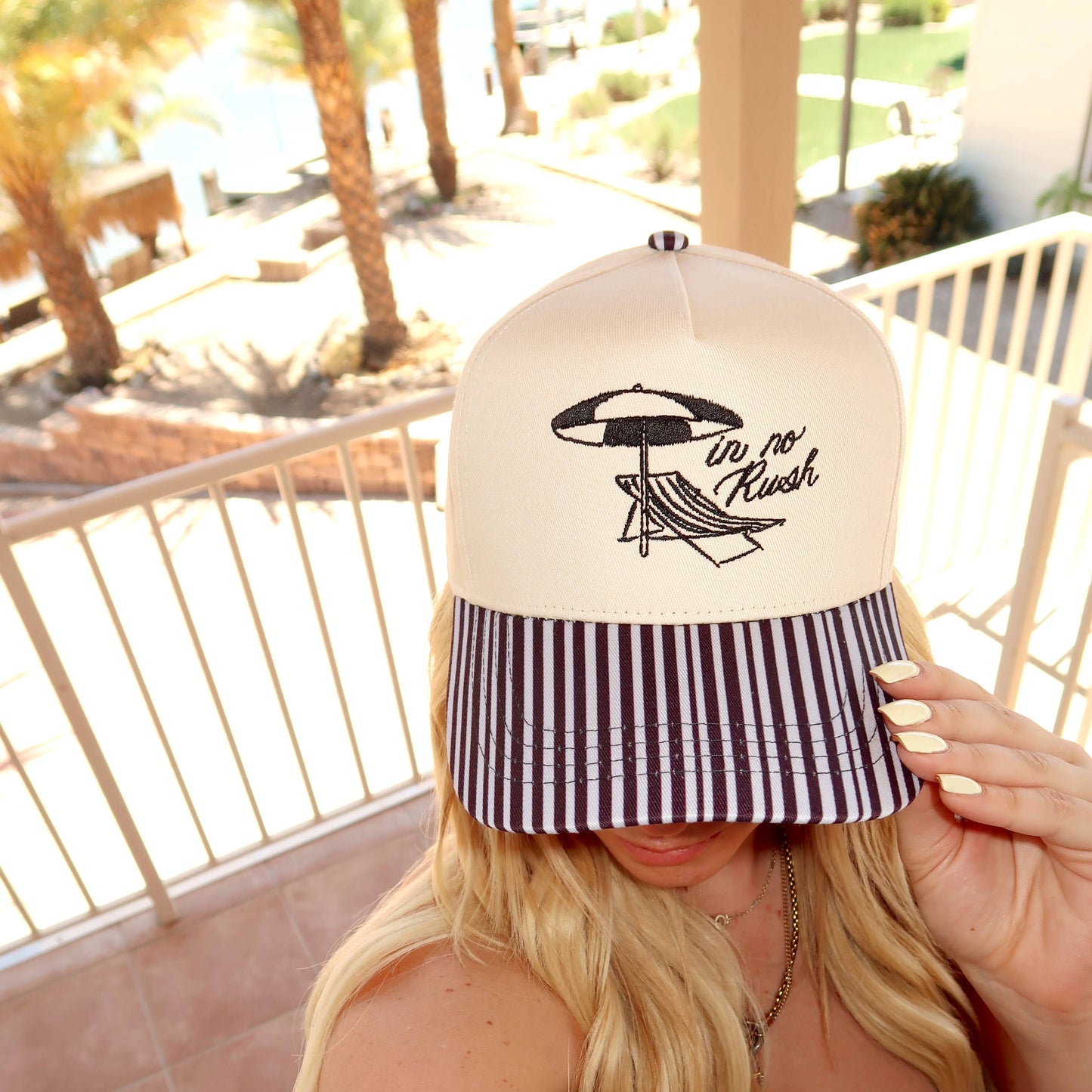 In No Rush- Black Striped Bill Embroidered Hat
