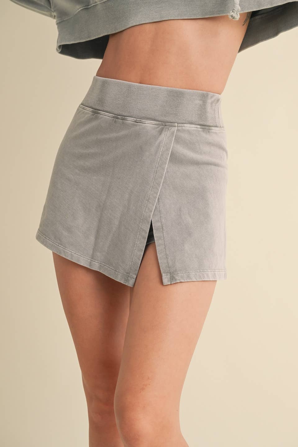 Mineral Wash Side Slit A-Line Skort Gray