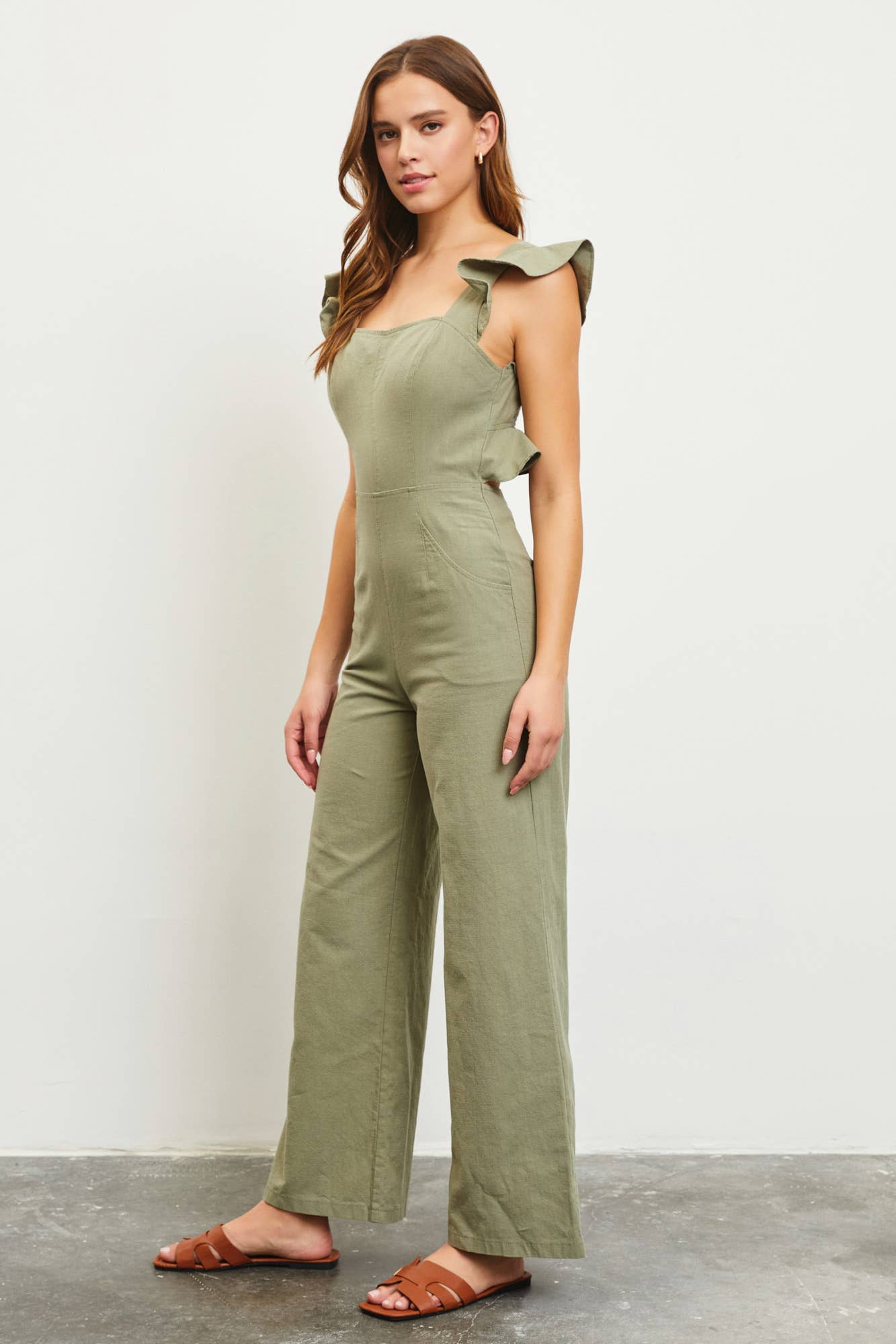 CUT BACK DETAIL JUMPSUIT: ASH OLIVE