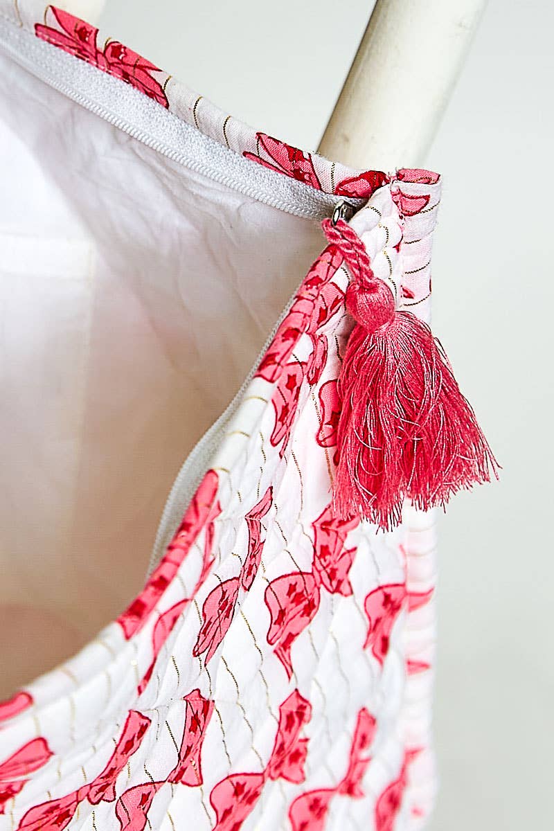 Bow Block Print Quilted Tassel Pouch: PINK MULTI /