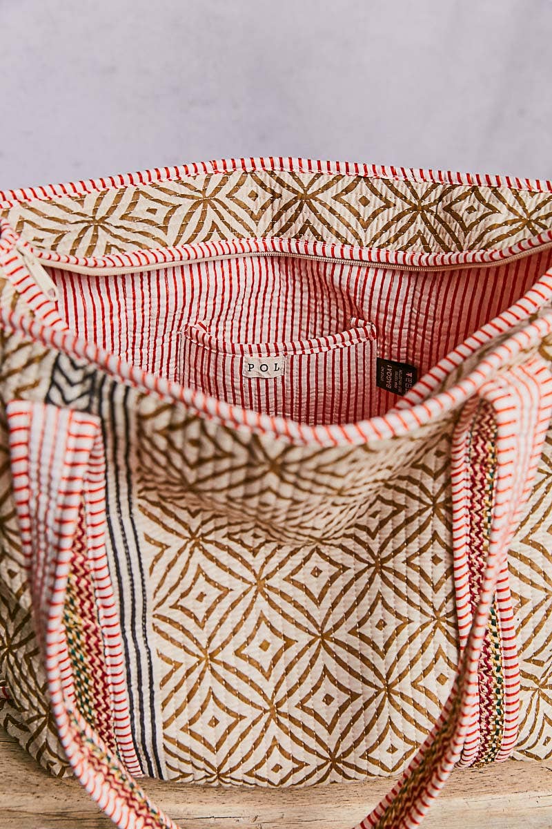 Striped quilted tote bag: BEIGE MULTI