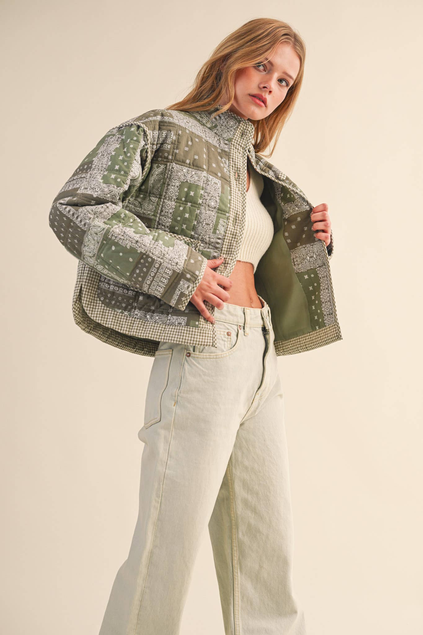 Gabby Patchwork Quilted Jacket: Olive