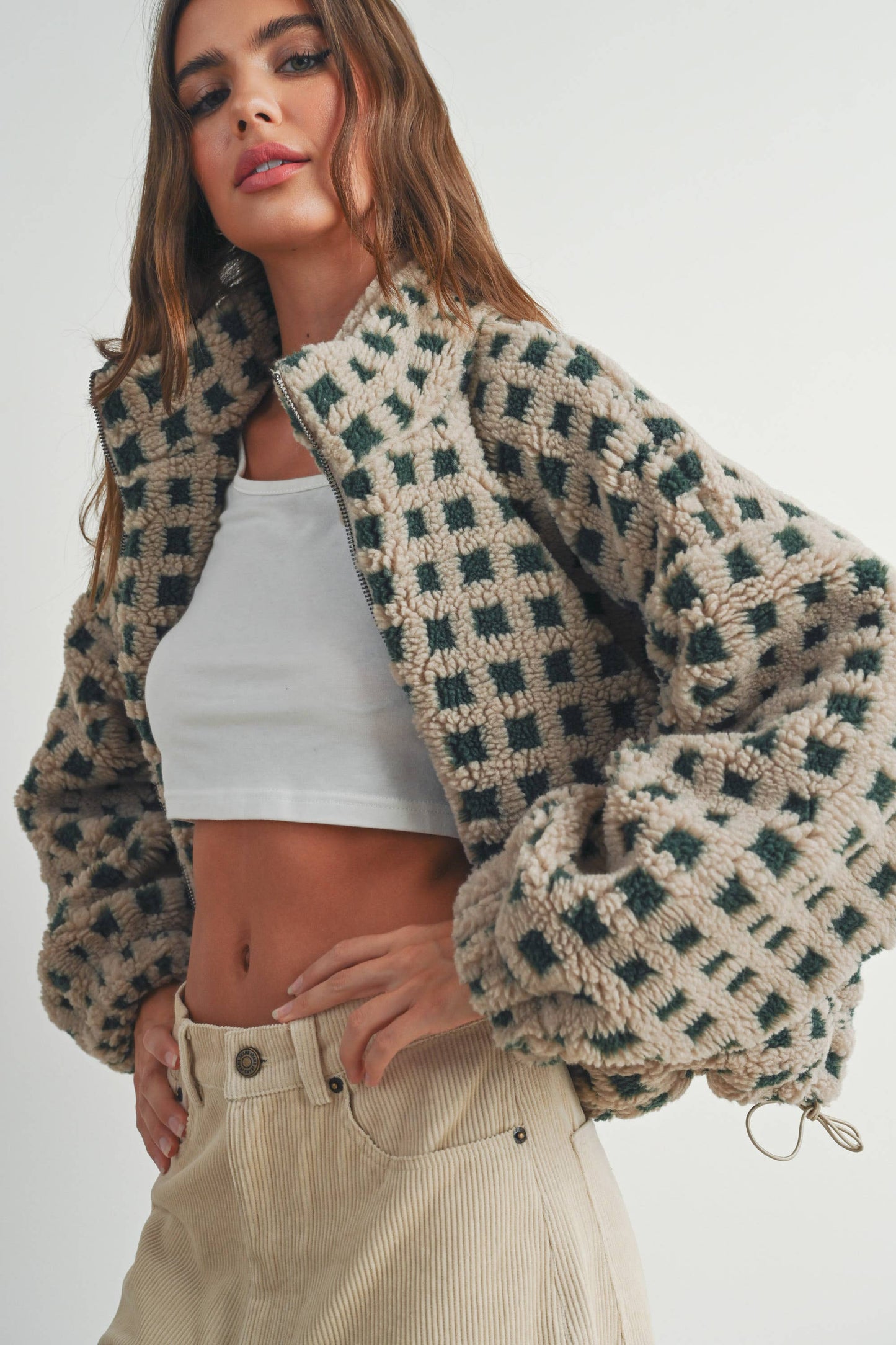Fuzzy Sherpa Jacket - Tan and Green