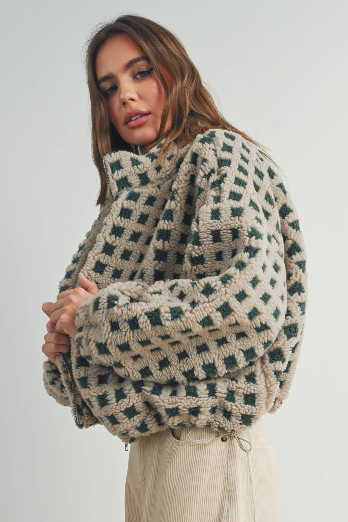 Fuzzy Sherpa Jacket - Tan and Green