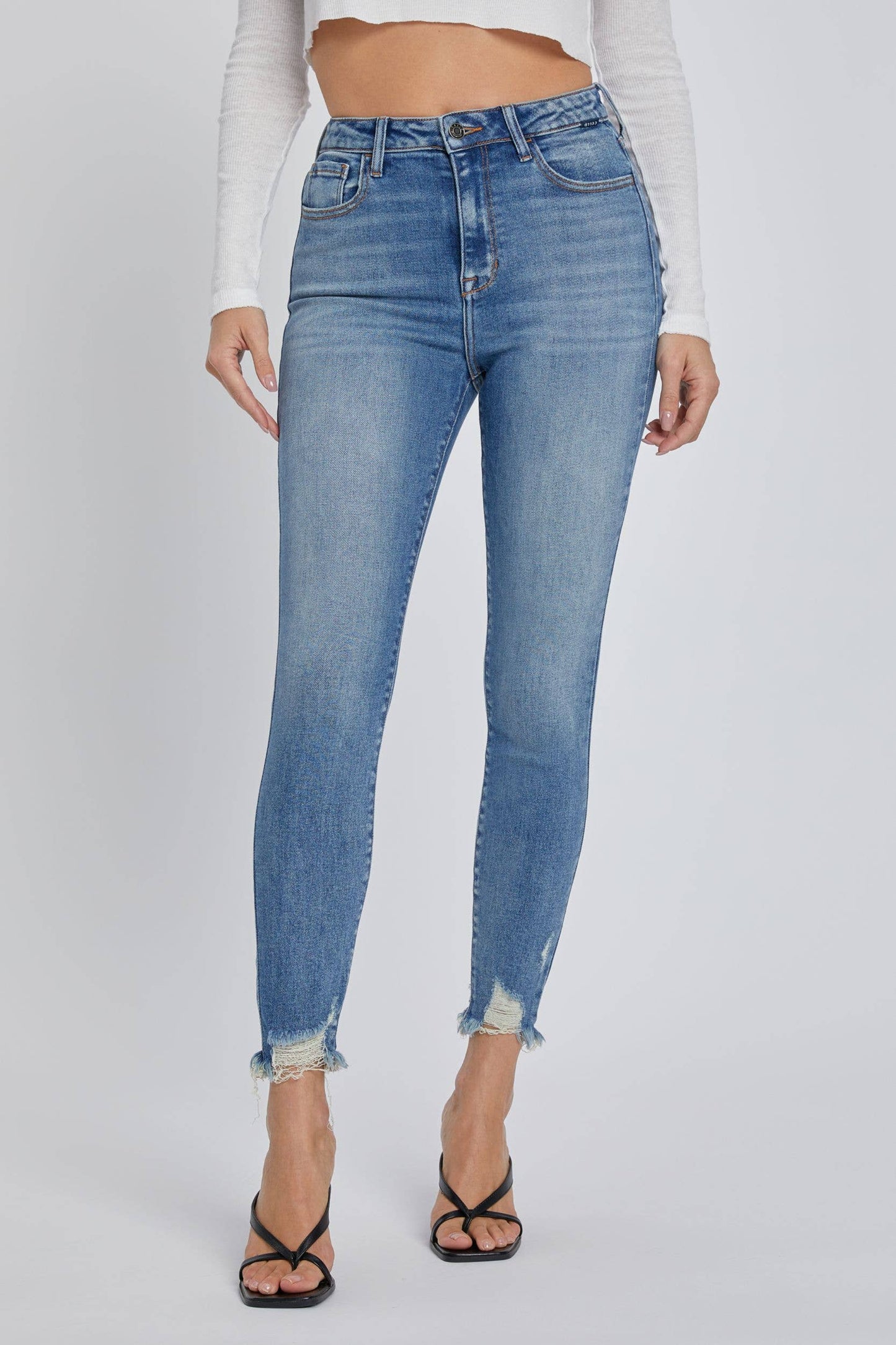 Karson Stretch High Rise Ankle Skinny with Frayed Hem