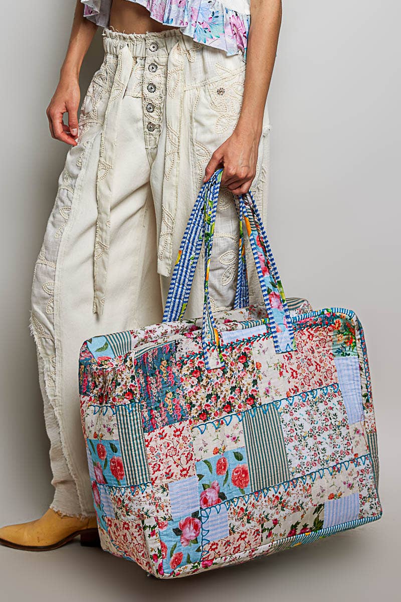 Trompe L’oeil Structured Quilted Tote Bag: Blue/Ivory