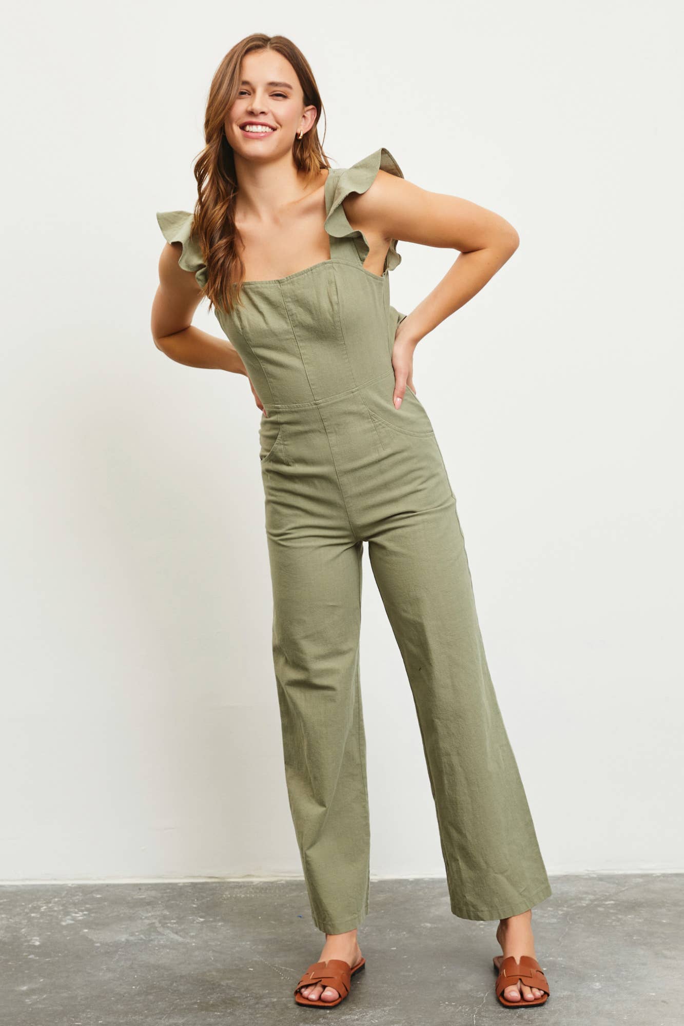 CUT BACK DETAIL JUMPSUIT: ASH OLIVE