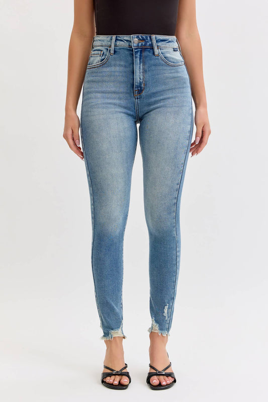 Karson Stretch High Rise Ankle Skinny with Frayed Hem