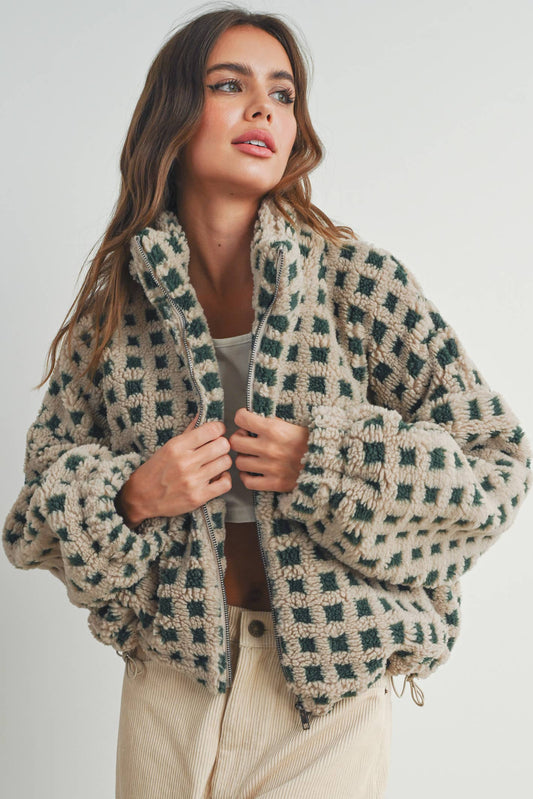 Fuzzy Sherpa Jacket - Tan and Green