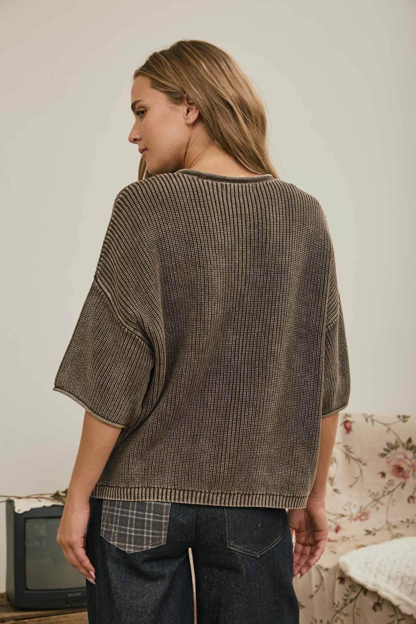 Hannah Ribbed Short Sleeve Cardigan : DARK BROWN
