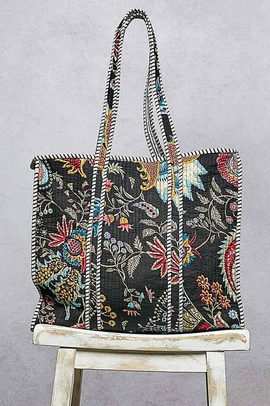 Quilted striped black tote bag: BLACK MULTI