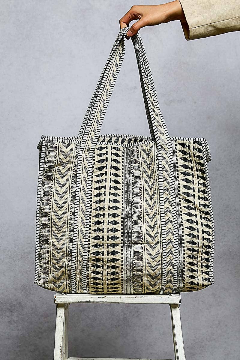 Bohemian printed quilted woven tote bag: BLACK MULTI