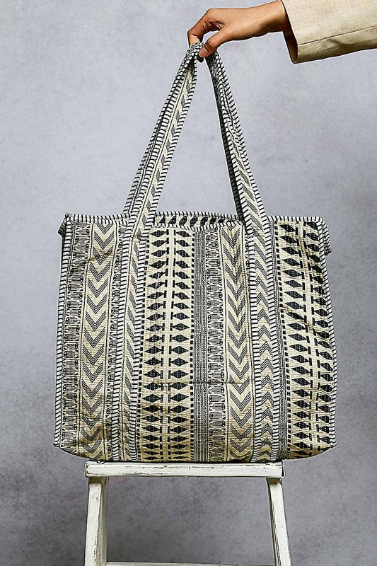 Bohemian printed quilted woven tote bag: BLACK MULTI