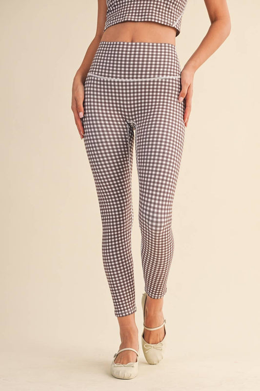 Aligned Performance High-Rise Leggings: Brown Gingham