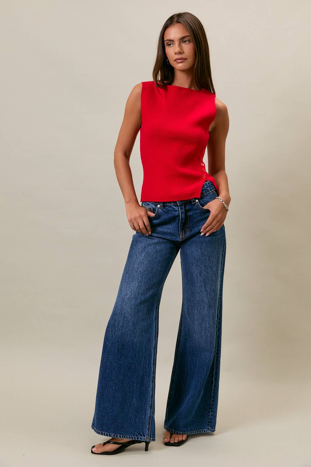 Brandy Side Button Tank: Red