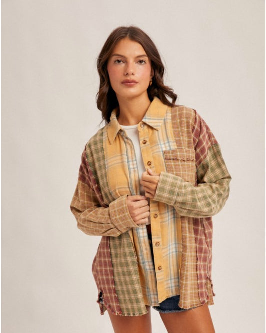 Mix Plaid Oversized Button Down Shirt