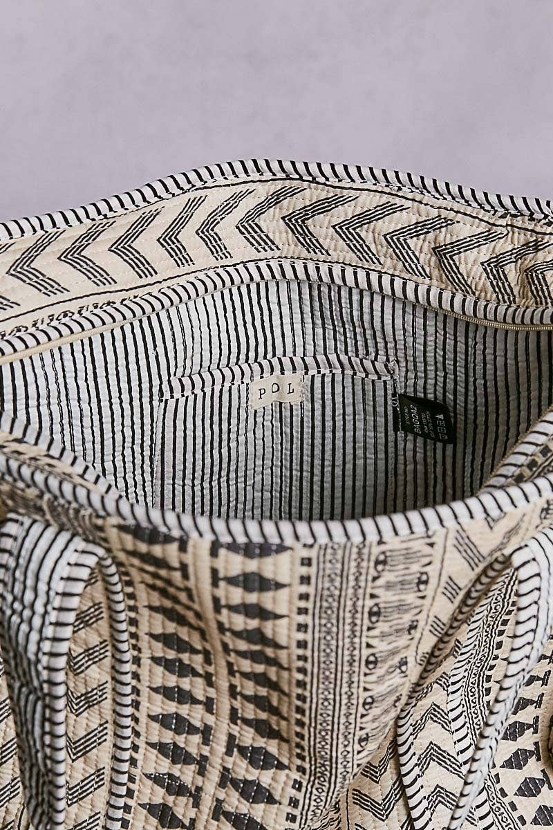 Bohemian printed quilted woven tote bag: BLACK MULTI