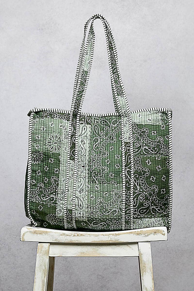 Quilted striped tote bag : GREEN MULTI