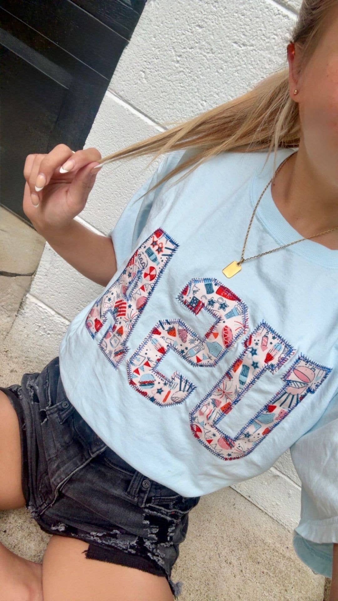 Floral USA Hand Embroidered Tee