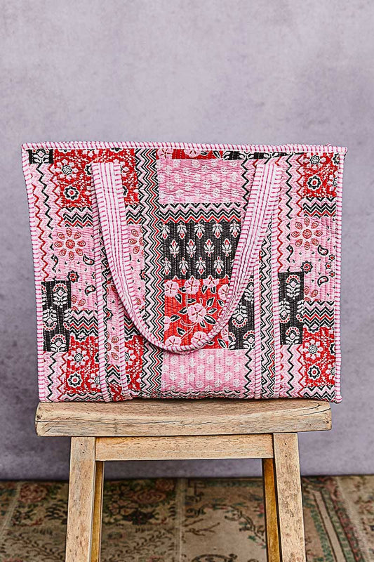 Quilted woven tote bag: PINK MULTI