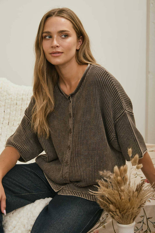 Hannah Ribbed Short Sleeve Cardigan : DARK BROWN