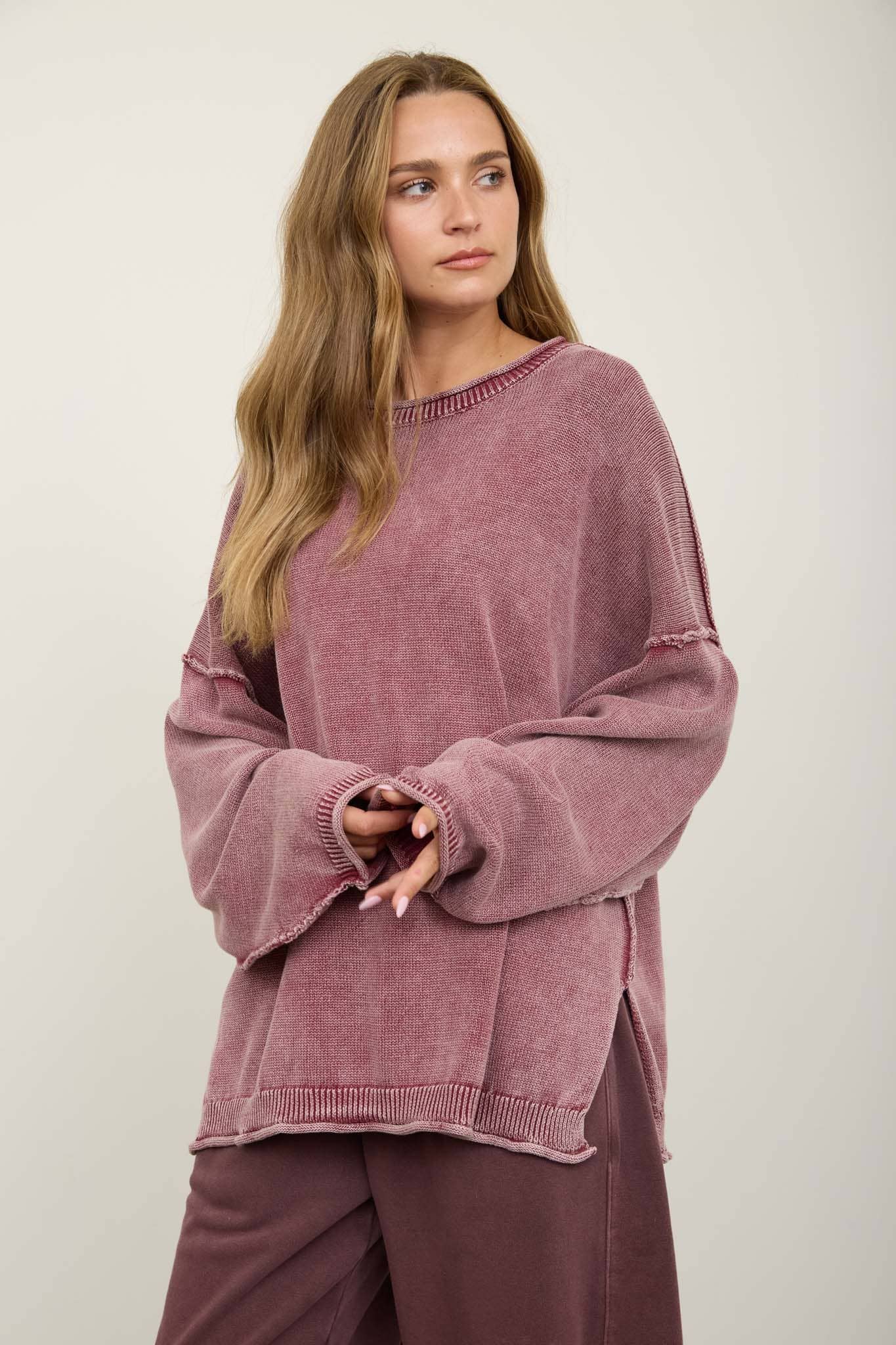 The Elowen Washed Pullover :BURGUNDY