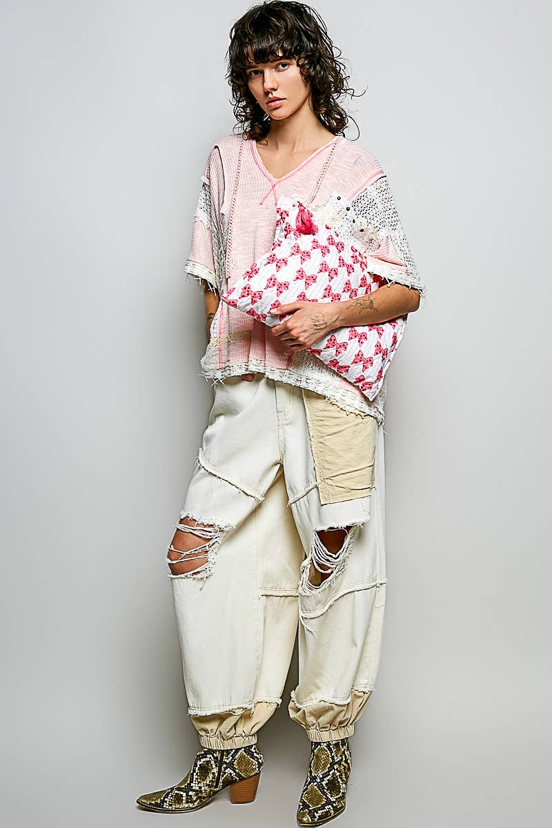 Bow Block Print Quilted Tassel Pouch: PINK MULTI /