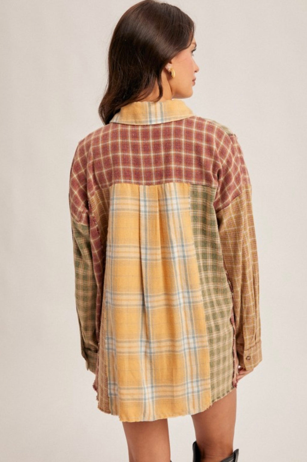 Mix Plaid Oversized Button Down Shirt
