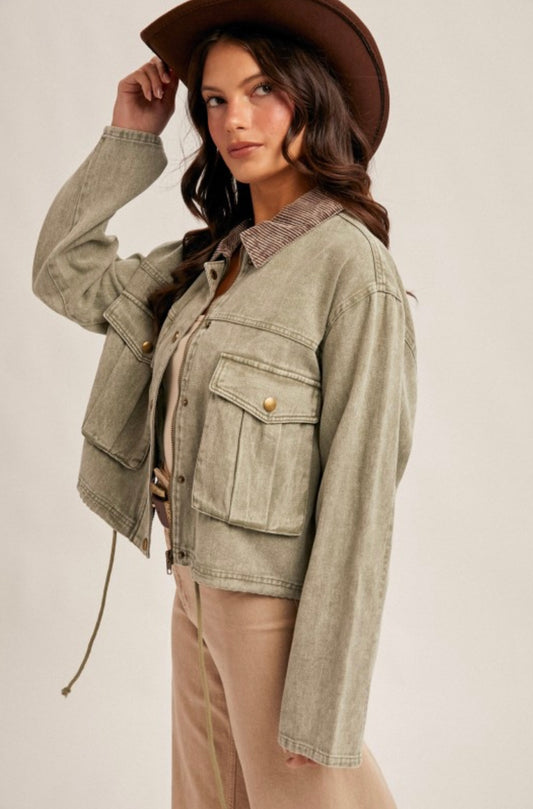 Corduroy Collar Contrast Crop Jacket