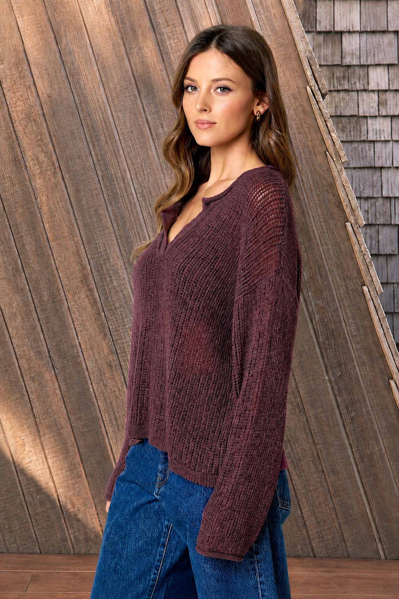 Bella Crochet Knit Long Sleeve/ Maroon