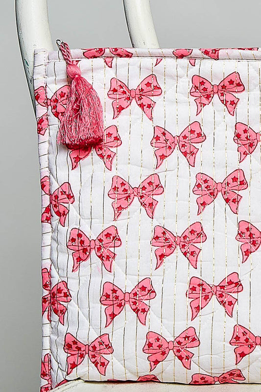 Bow Block Print Quilted Tassel Pouch: PINK MULTI /