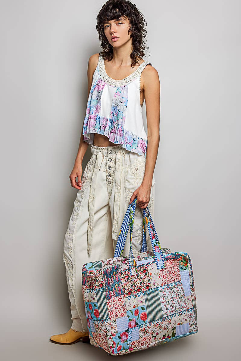 Trompe L’oeil Structured Quilted Tote Bag: Blue/Ivory