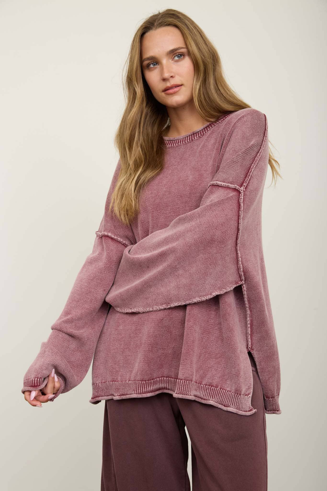 The Elowen Washed Pullover :BURGUNDY