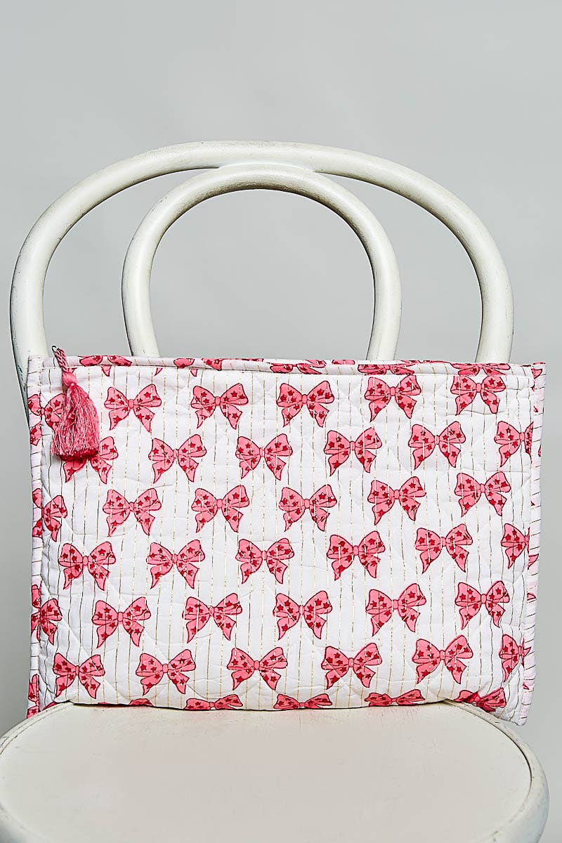 Bow Block Print Quilted Tassel Pouch: PINK MULTI /